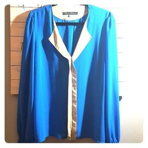 Long Sleeve Blue and Nude Blouse